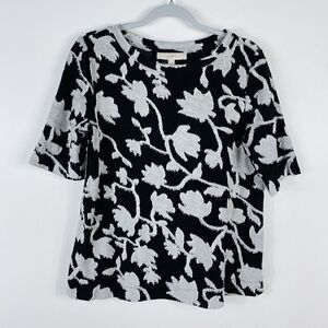 Ann Taylor LOFT Size Medium Floral Print Jacquard Knit Top Black